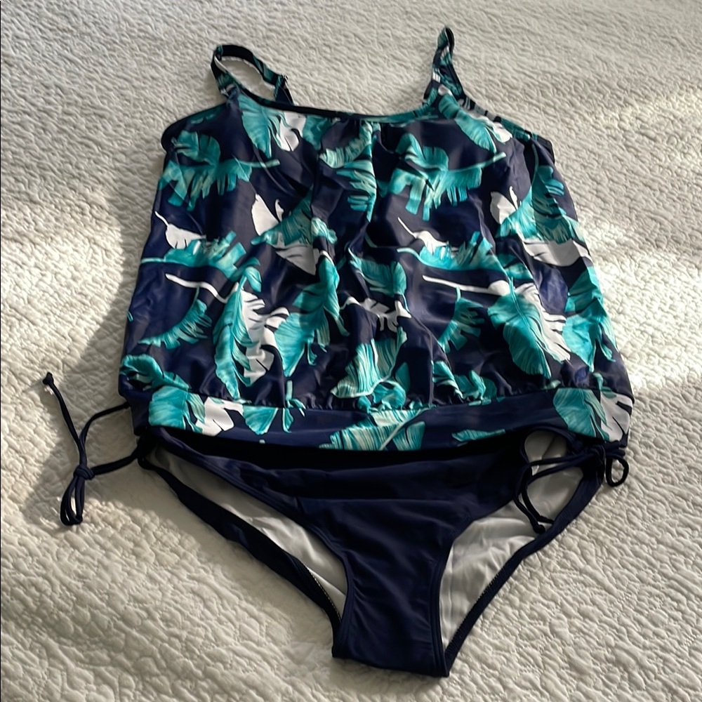 Blue and Green two Piece tankini Swimwear with Tropical Print